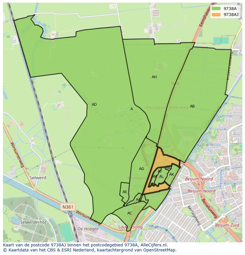 Afbeelding van het postcodegebied 9738 AJ op de kaart.