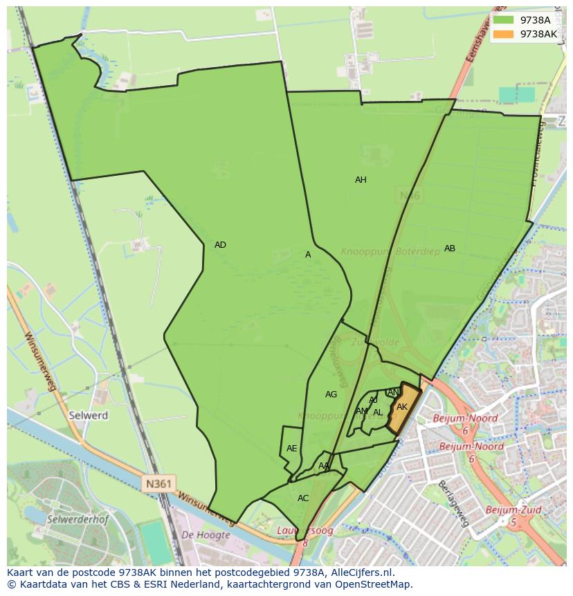 Afbeelding van het postcodegebied 9738 AK op de kaart.