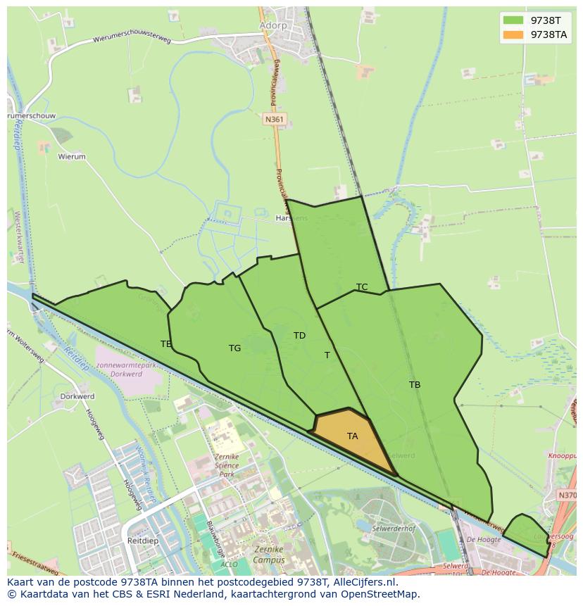 Afbeelding van het postcodegebied 9738 TA op de kaart.