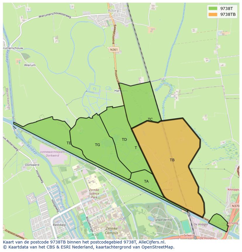 Afbeelding van het postcodegebied 9738 TB op de kaart.