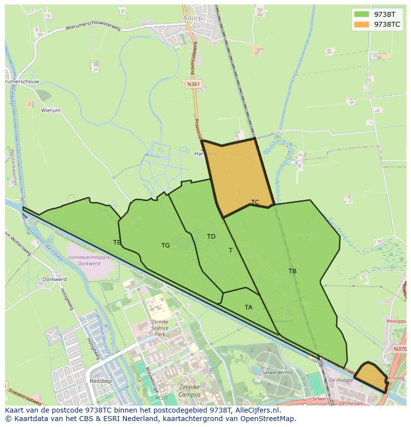 Afbeelding van het postcodegebied 9738 TC op de kaart.