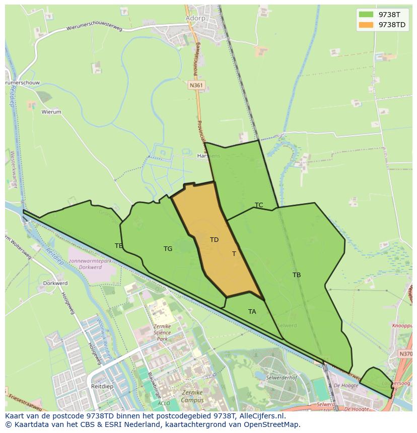 Afbeelding van het postcodegebied 9738 TD op de kaart.
