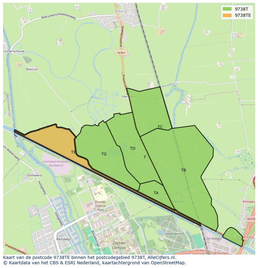 Afbeelding van het postcodegebied 9738 TE op de kaart.