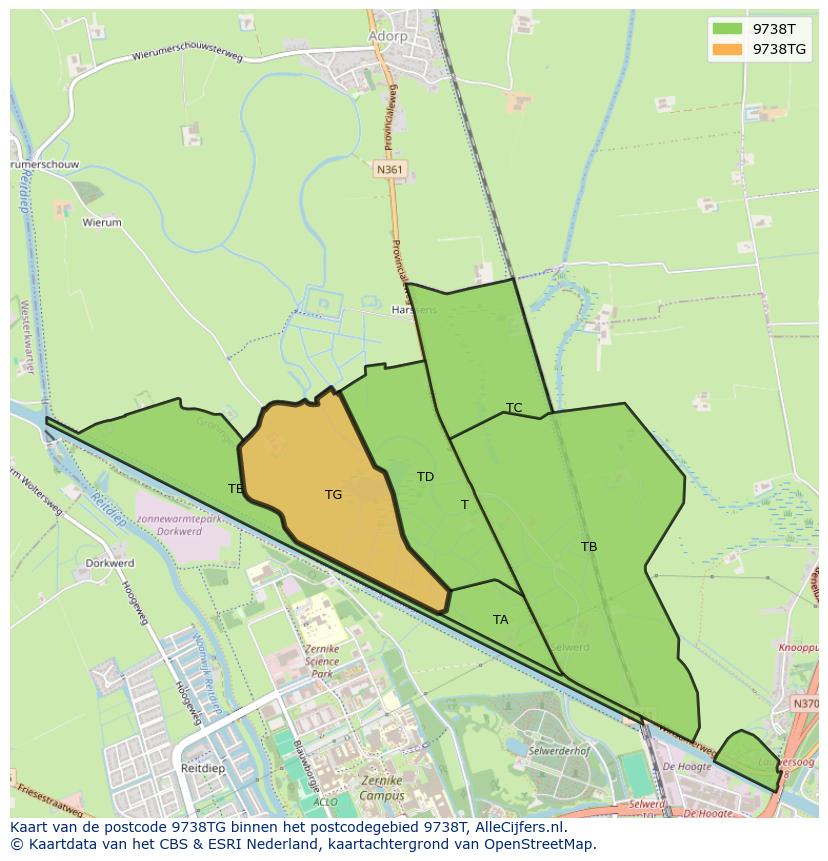 Afbeelding van het postcodegebied 9738 TG op de kaart.