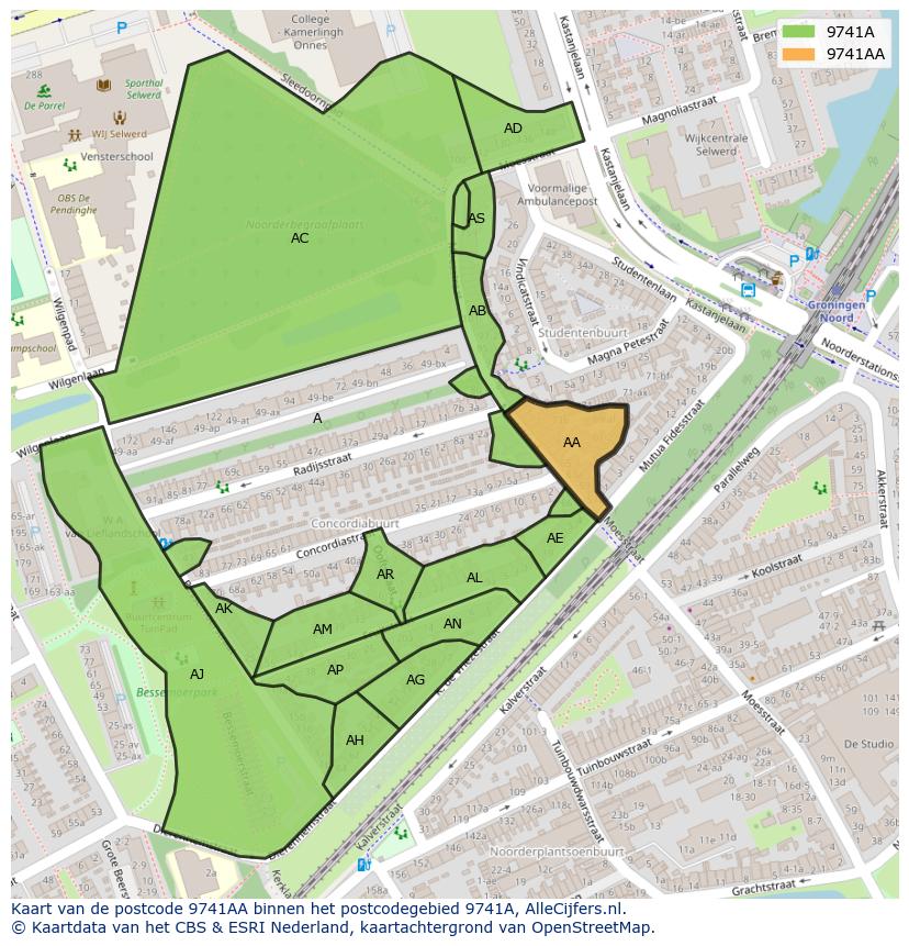 Afbeelding van het postcodegebied 9741 AA op de kaart.