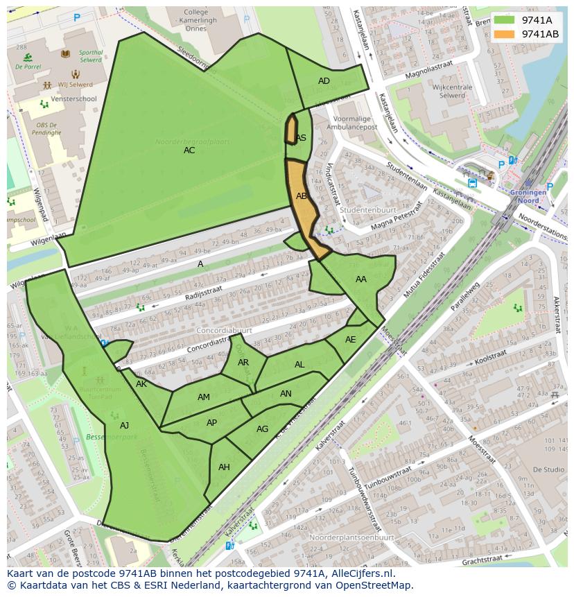 Afbeelding van het postcodegebied 9741 AB op de kaart.