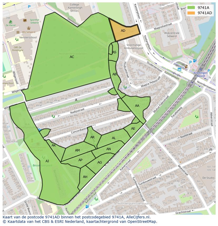 Afbeelding van het postcodegebied 9741 AD op de kaart.