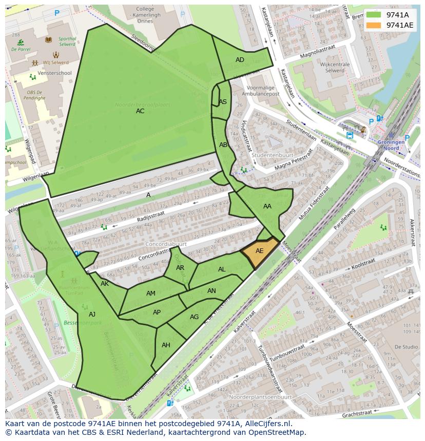 Afbeelding van het postcodegebied 9741 AE op de kaart.
