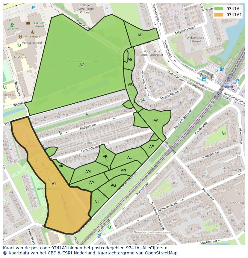 Afbeelding van het postcodegebied 9741 AJ op de kaart.