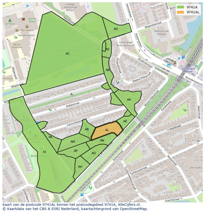 Afbeelding van het postcodegebied 9741 AL op de kaart.