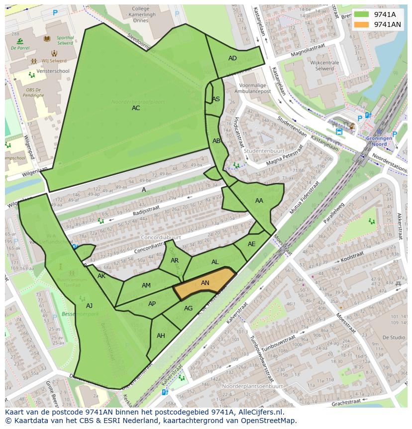 Afbeelding van het postcodegebied 9741 AN op de kaart.