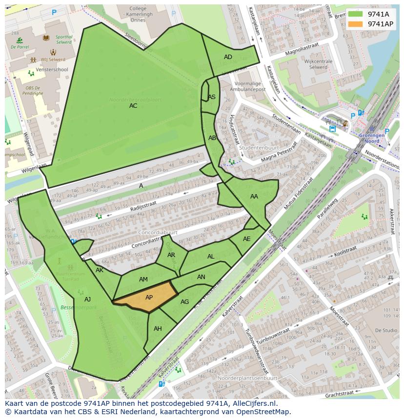 Afbeelding van het postcodegebied 9741 AP op de kaart.