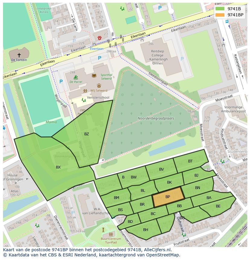 Afbeelding van het postcodegebied 9741 BP op de kaart.