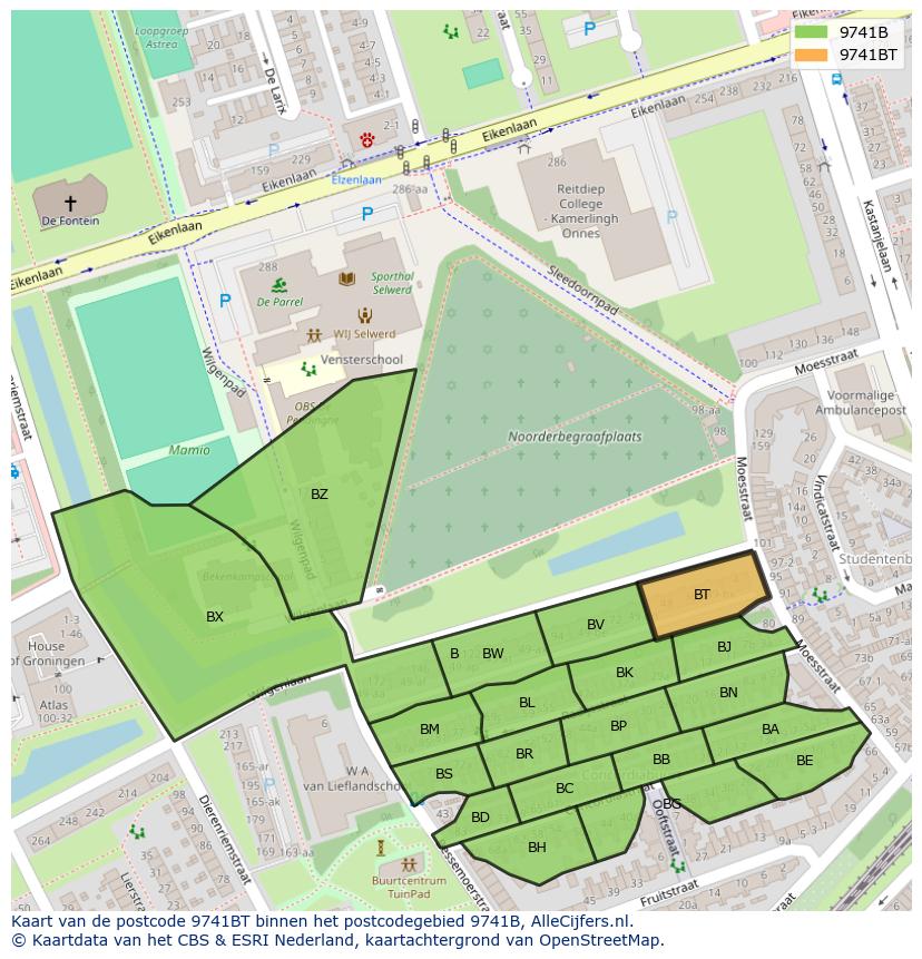 Afbeelding van het postcodegebied 9741 BT op de kaart.
