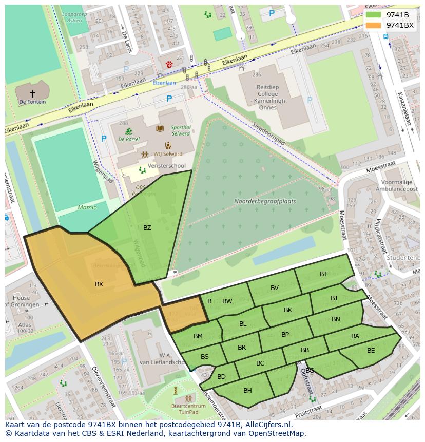 Afbeelding van het postcodegebied 9741 BX op de kaart.