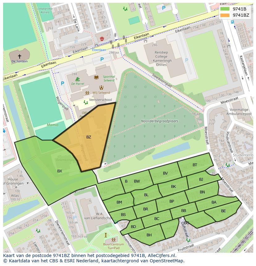 Afbeelding van het postcodegebied 9741 BZ op de kaart.