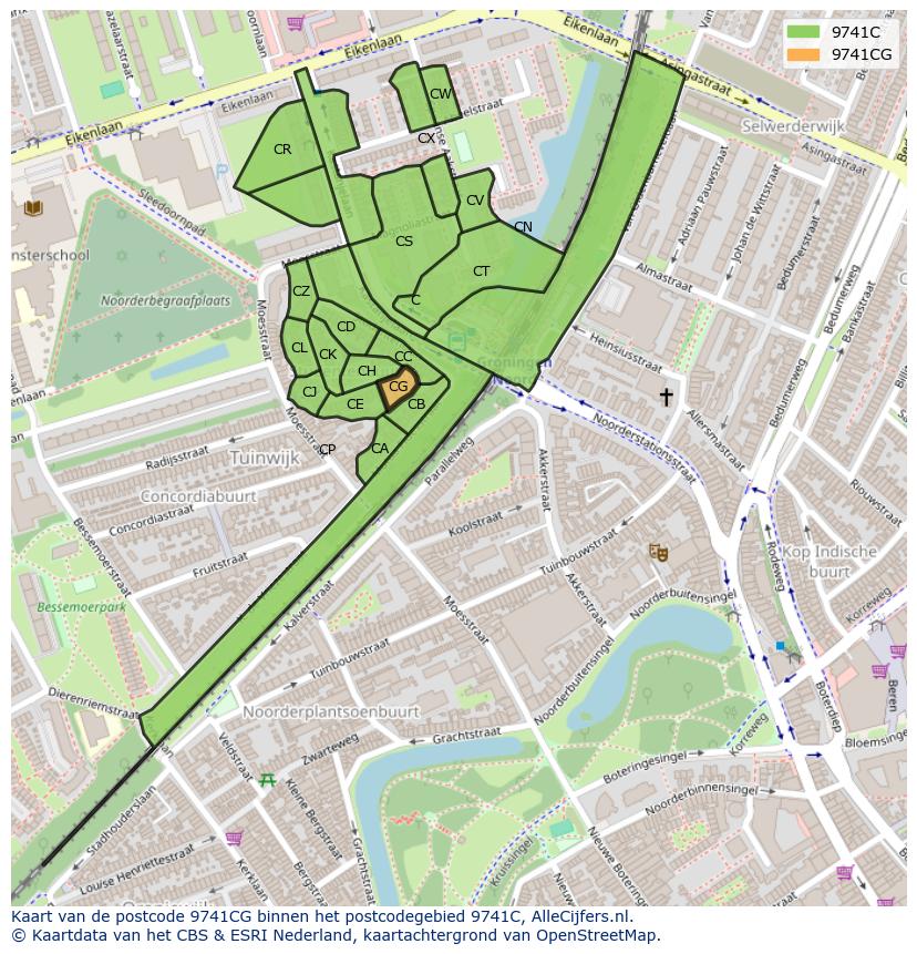 Afbeelding van het postcodegebied 9741 CG op de kaart.