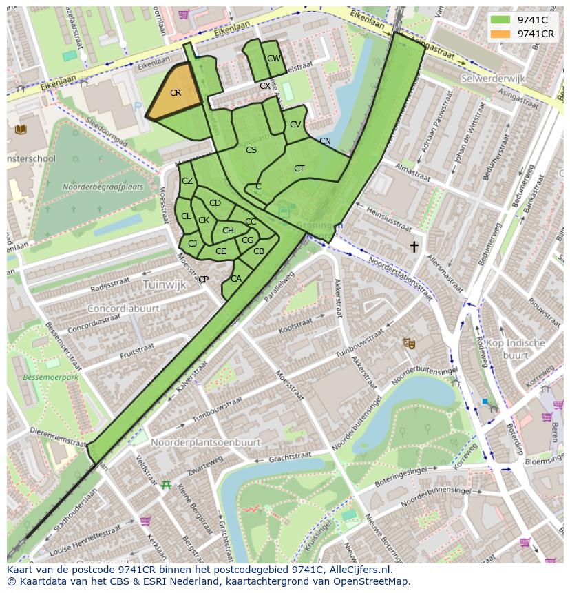 Afbeelding van het postcodegebied 9741 CR op de kaart.