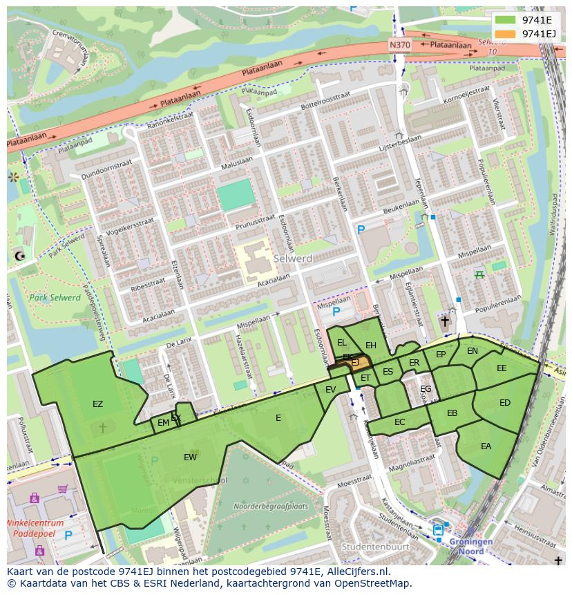Afbeelding van het postcodegebied 9741 EJ op de kaart.
