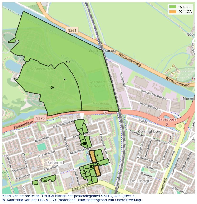 Afbeelding van het postcodegebied 9741 GA op de kaart.