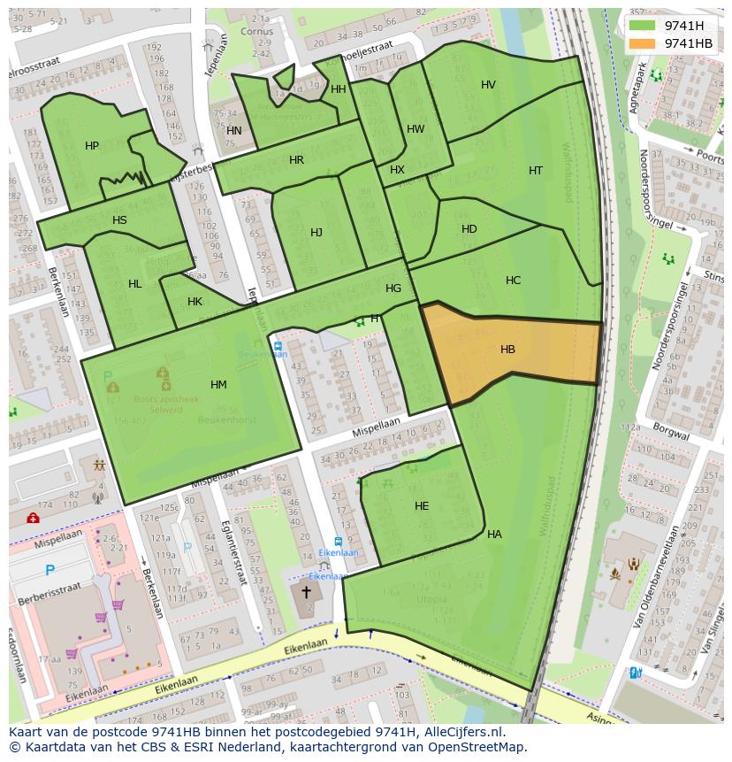 Afbeelding van het postcodegebied 9741 HB op de kaart.