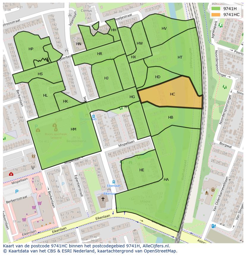 Afbeelding van het postcodegebied 9741 HC op de kaart.