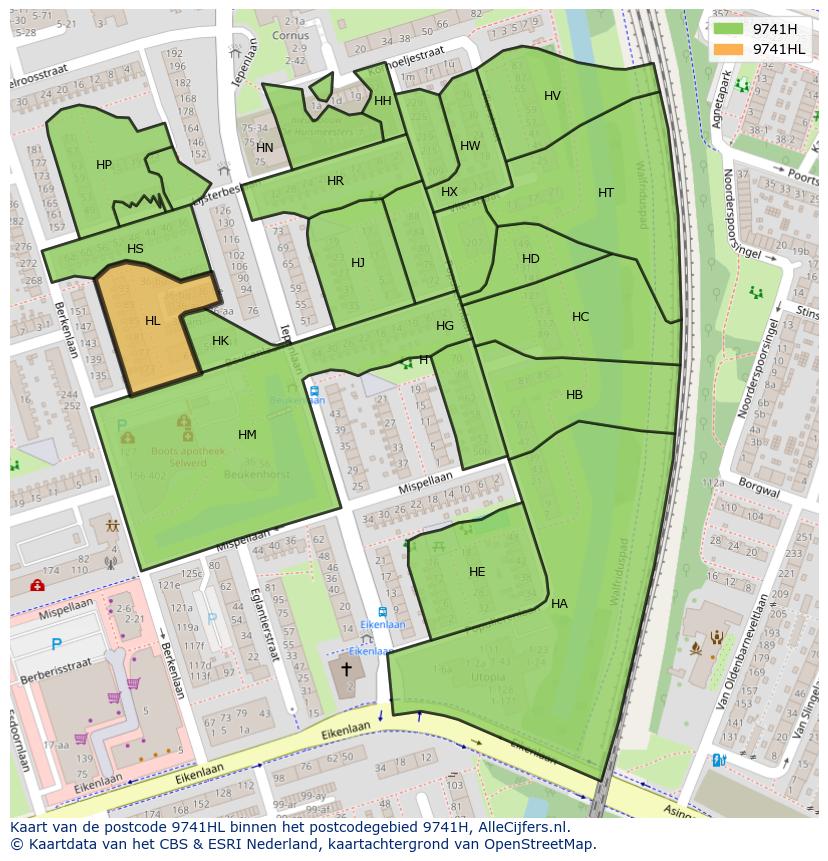 Afbeelding van het postcodegebied 9741 HL op de kaart.