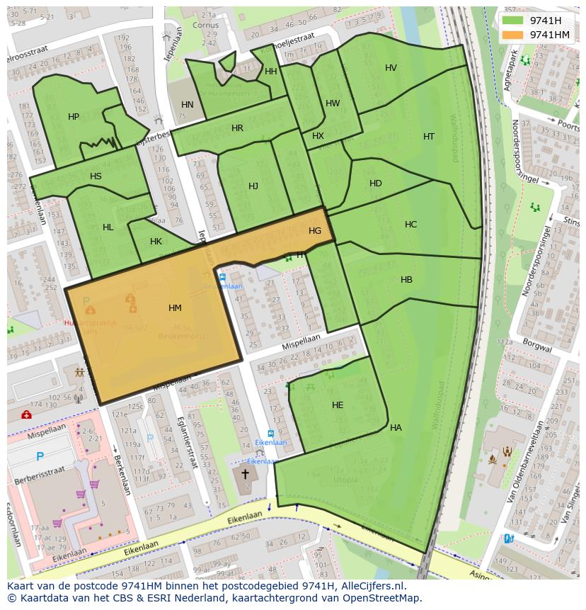 Afbeelding van het postcodegebied 9741 HM op de kaart.