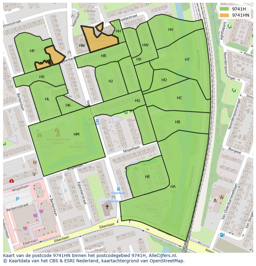 Afbeelding van het postcodegebied 9741 HN op de kaart.