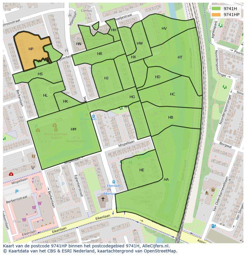 Afbeelding van het postcodegebied 9741 HP op de kaart.