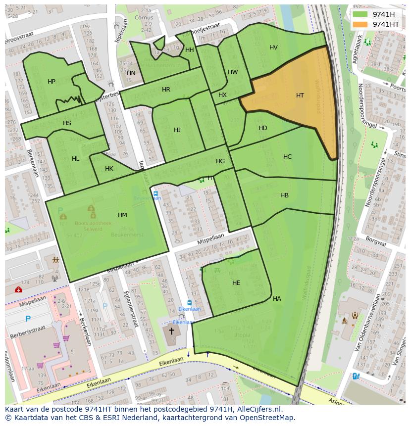 Afbeelding van het postcodegebied 9741 HT op de kaart.