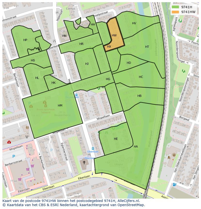 Afbeelding van het postcodegebied 9741 HW op de kaart.