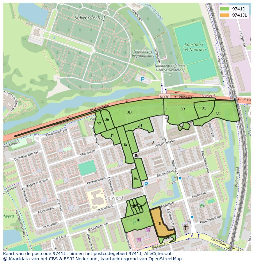 Afbeelding van het postcodegebied 9741 JL op de kaart.