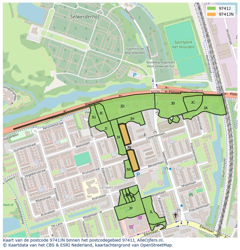 Afbeelding van het postcodegebied 9741 JN op de kaart.