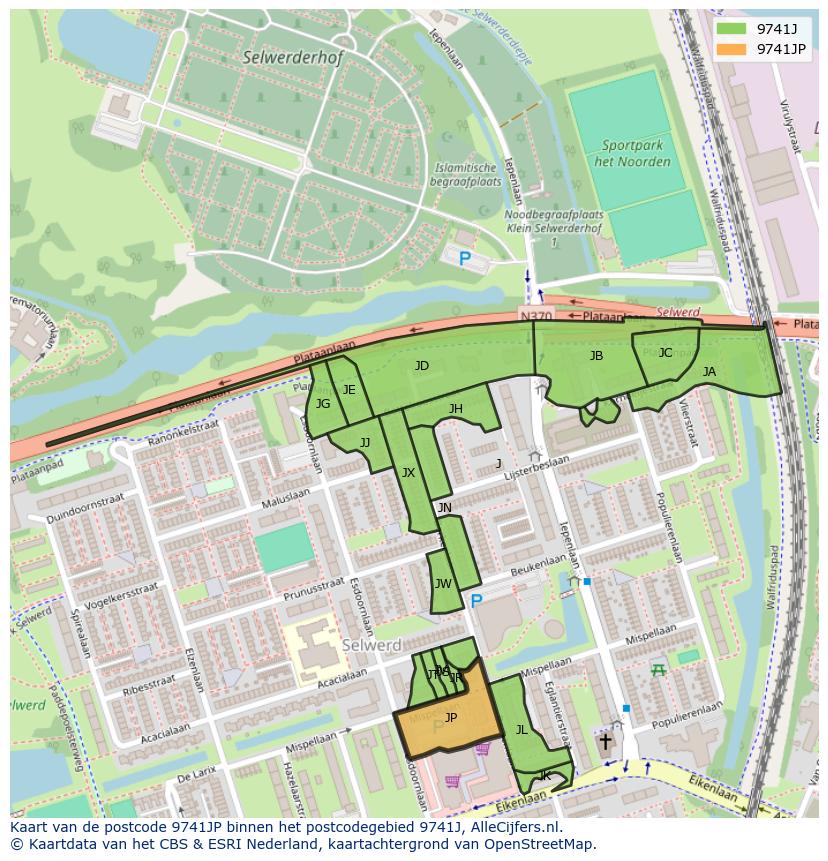 Afbeelding van het postcodegebied 9741 JP op de kaart.