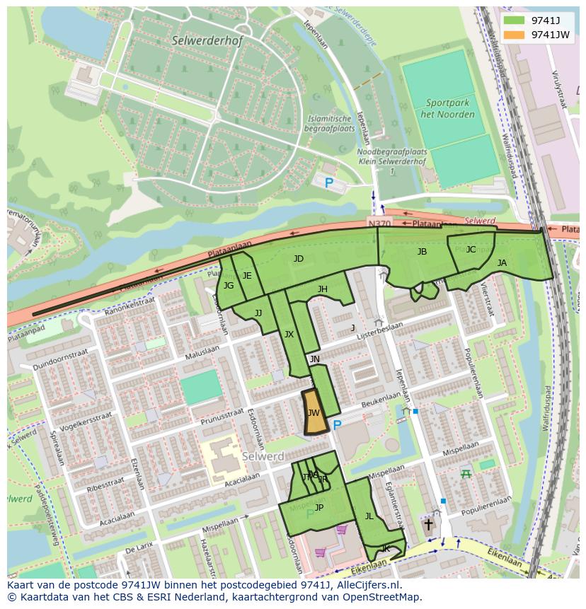 Afbeelding van het postcodegebied 9741 JW op de kaart.