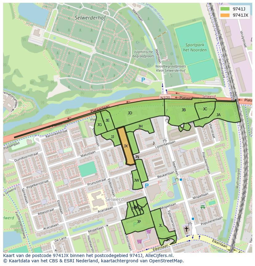 Afbeelding van het postcodegebied 9741 JX op de kaart.
