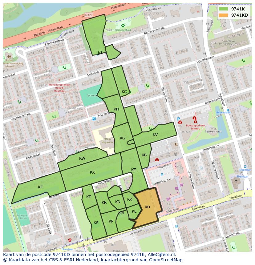 Afbeelding van het postcodegebied 9741 KD op de kaart.
