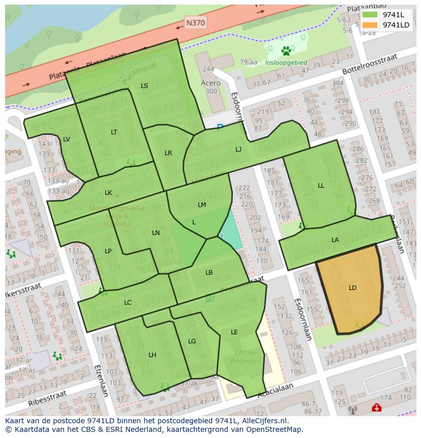 Afbeelding van het postcodegebied 9741 LD op de kaart.