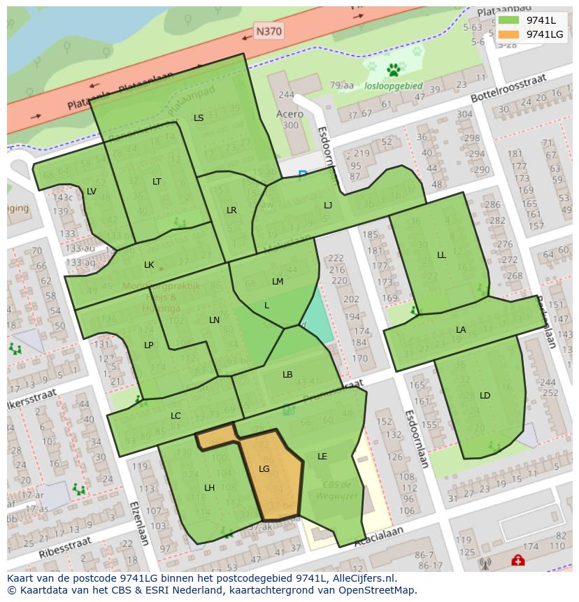 Afbeelding van het postcodegebied 9741 LG op de kaart.