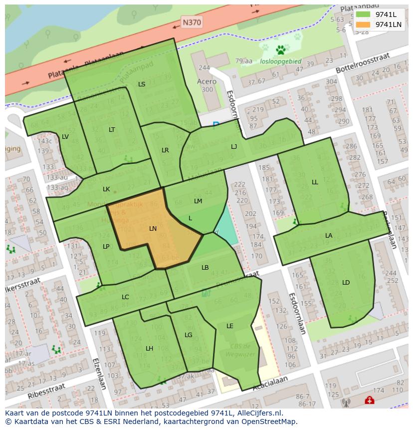 Afbeelding van het postcodegebied 9741 LN op de kaart.