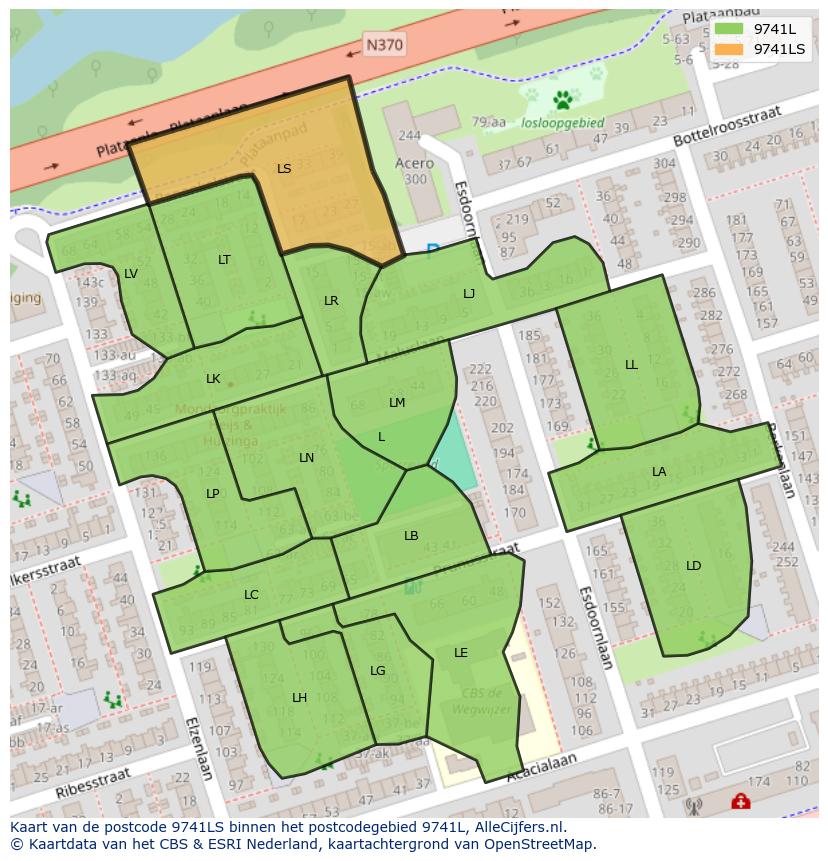 Afbeelding van het postcodegebied 9741 LS op de kaart.