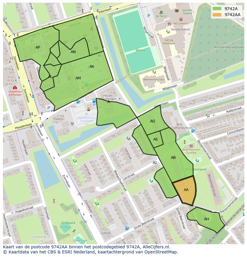 Afbeelding van het postcodegebied 9742 AA op de kaart.