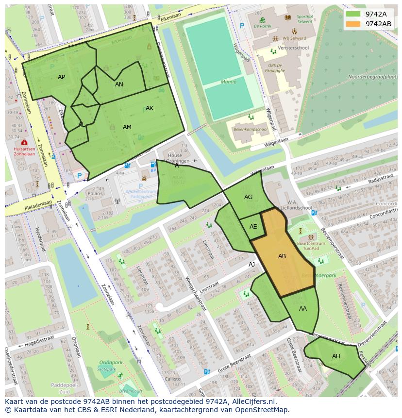 Afbeelding van het postcodegebied 9742 AB op de kaart.