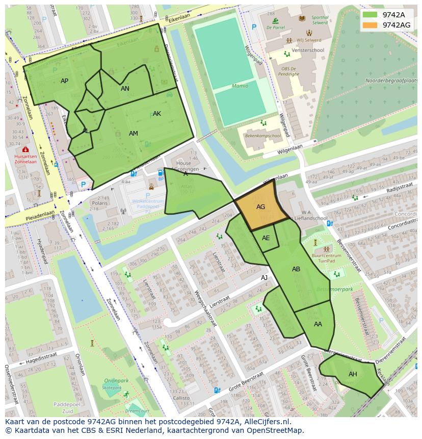 Afbeelding van het postcodegebied 9742 AG op de kaart.