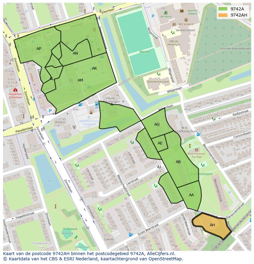 Afbeelding van het postcodegebied 9742 AH op de kaart.