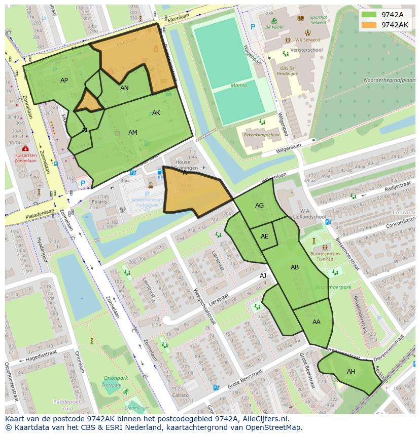 Afbeelding van het postcodegebied 9742 AK op de kaart.