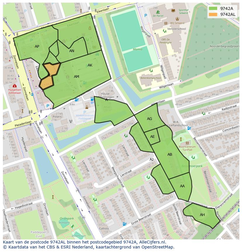 Afbeelding van het postcodegebied 9742 AL op de kaart.