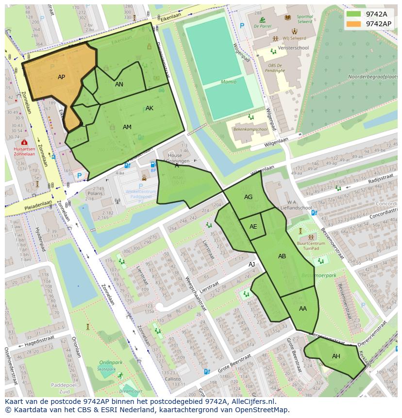 Afbeelding van het postcodegebied 9742 AP op de kaart.