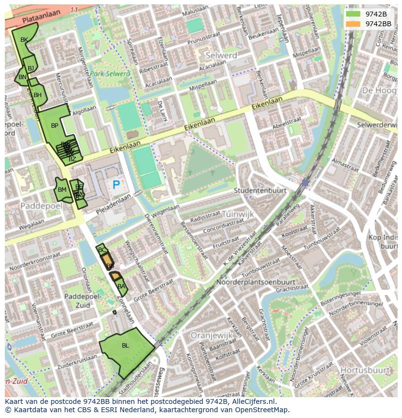 Afbeelding van het postcodegebied 9742 BB op de kaart.